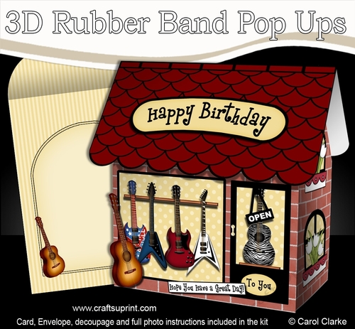3D Shoppe Pop Up Rubber Band Card Kit  -  The Stings & Riffs Guitar Shop