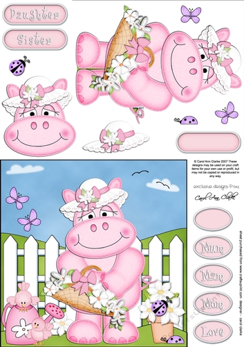Hilda Hippo has a Basket of Flowers quick card & 3D decoupage