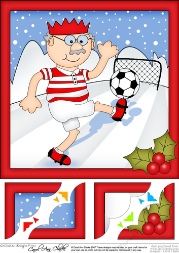 8 x 8 Christmas Old Man Bert plays football Scalloped corner Topper