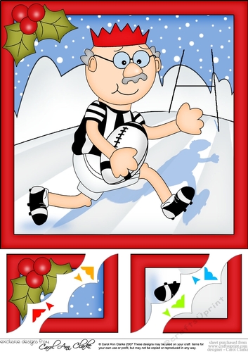 8 x 8 Christmas Old Man Bert plays rugby Scalloped corner Topper
