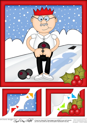 8 x 8 Christmas Old Man Bert plays bowls Scalloped corner Topper
