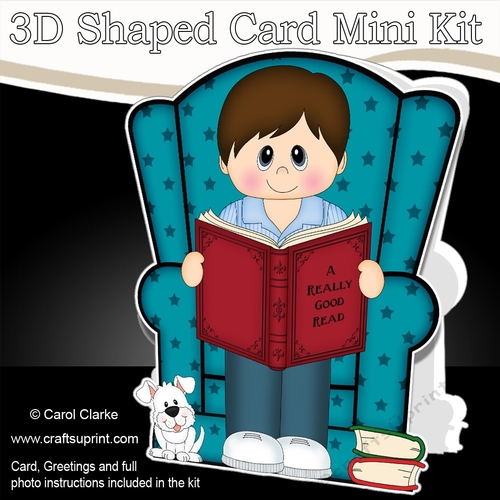 3D Shaped Card  Kit - Cute Little Young Man reads a Good Book 