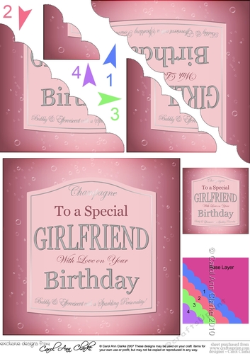 Happy Birthday GIRLFRIEND Pink Champers Label Scallop Corner Stacker