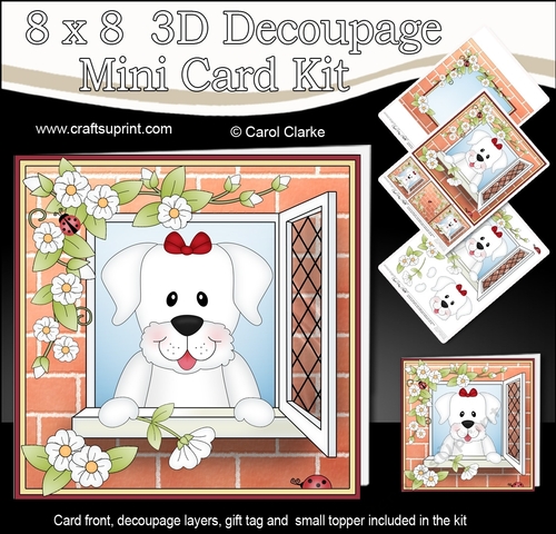 8 x 8 Mini Kit with 3d Decoupage - Through the Window - Little White Labrador Dog Dinky