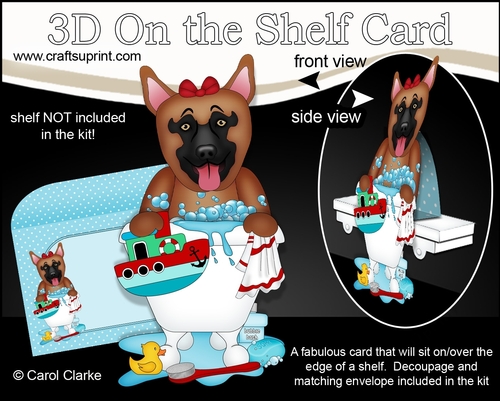 3D On the Shelf Card Kit - Bathtub Buddies - Little German Shepherd Dog Dazy has a Bubble Bath