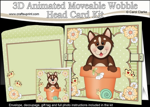 3D Animated Moveable Wobble Head Card Kit - Flower Pot Friends Little Husky Dog Biscuit