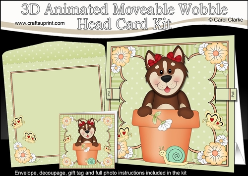 3D Animated Moveable Wobble Head Card Kit - Flower Pot Friends Little Husky Dog Sugar
