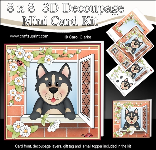 8 x 8 Mini Kit with 3d Decoupage - Through the Window - Little Husky Dog Chase