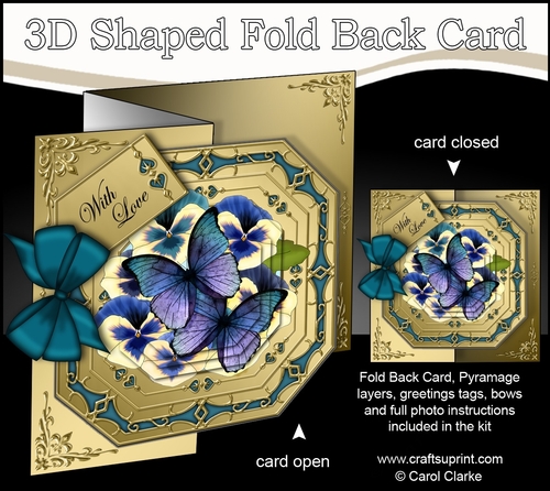 3D Shaped No-Hole Fold Back Pretty Floral Card with Pyramage Mini Kit  - Butterfly & Pansies 