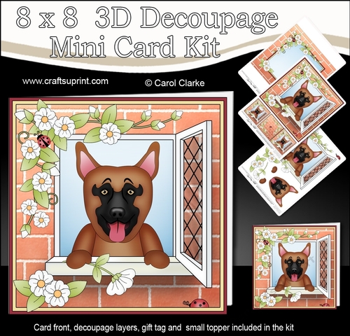 8 x 8 Mini Kit with 3d Decoupage - Through the Window - Little German Shepherd Dog Nash