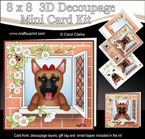 8 x 8 Mini Kit with 3d Decoupage - Through the Window - Little German Shepherd Dog Dazy