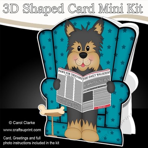 3D Shaped Card  Kit - Little Yorkie Dog Timmy reads the Barking Newspaper