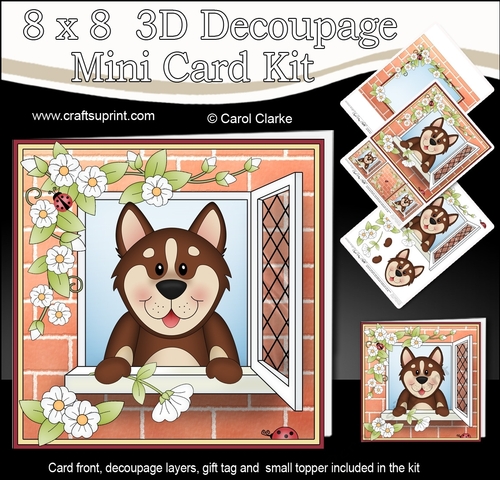 8 x 8 Mini Kit with 3d Decoupage - Through the Window - Little Husky Dog Biscuit