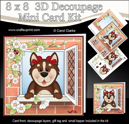 8 x 8 Mini Kit with 3d Decoupage - Through the Window - Little Husky Dog Sugar