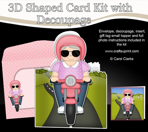 3D Shaped Card  Kit - Old Lady Britta Rides her Motorbike