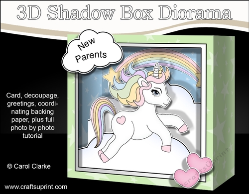 3D Diorama Shadow Box Card Mini Kit  -  Cute Little Baby Unicorn Rainbow 