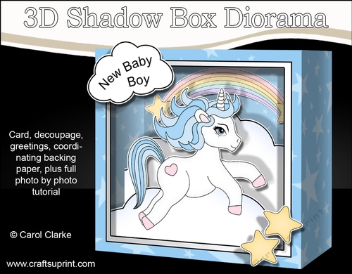 3D Diorama Shadow Box Card Mini Kit  -  Cute Little Baby Unicorn Blueberry