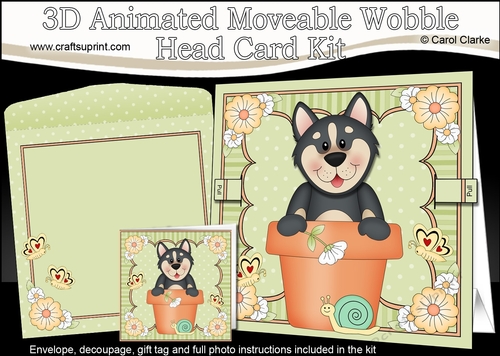 3D Animated Moveable Wobble Head Card Kit - Flower Pot Friends Little Husky Dog Chase