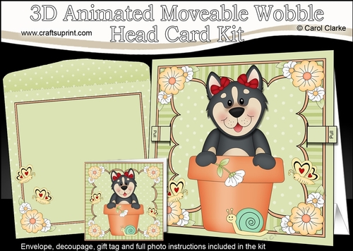 3D Animated Moveable Wobble Head Card Kit - Flower Pot Friends Little Husky Dog Misty