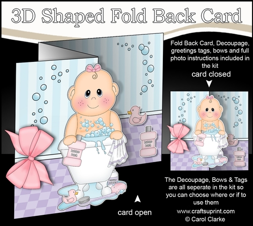 3D Shaped No-Hole Fold Back Card Kit - Bathtub Buddies - Cute Little Baby Girl Tamee