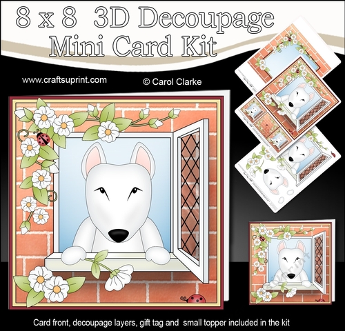 8 x 8 Mini Kit with 3d Decoupage - Through the Window - Little English Bull Dog Terrier Earl