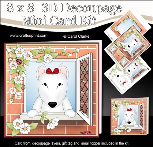 8 x 8 Mini Kit with 3d Decoupage - Through the Window - Little English Bull Dog Terrier Countess