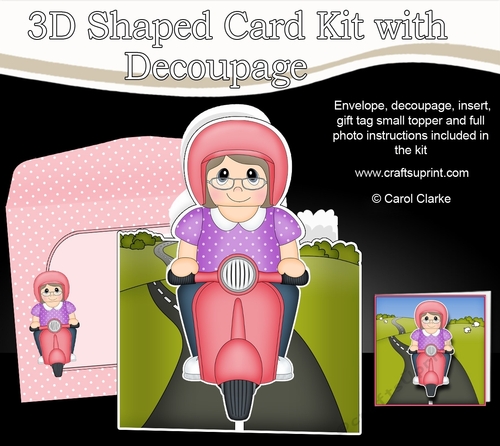 3D Shaped Card  Kit - Older Lady Kathlene Rides her Motor Scooter