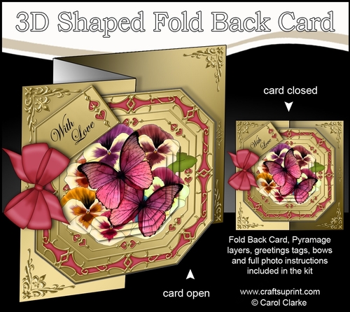 3D Shaped No-Hole Fold Back Pretty Floral Card with Pyramage Mini Kit  -  Butterfly & Pansies