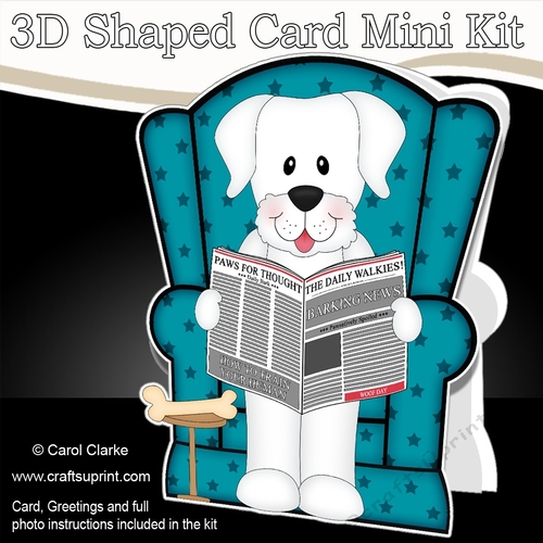 3D Shaped Card  Kit - Little White Labrador Dog Dash reads the Barking Newspaper