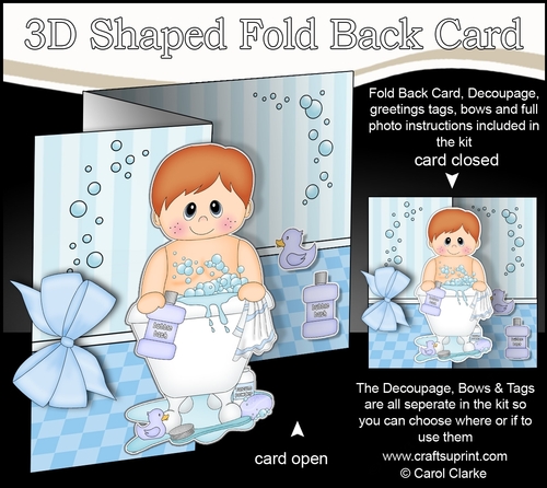 3D Shaped No-Hole Fold Back Card Kit - Bathtub Buddies - Cute Little Toddler Boy Brandon