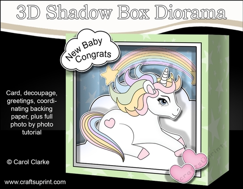 3D Diorama Shadow Box Card Mini Kit  -  Cute Little Baby Unicorn Rainbow 