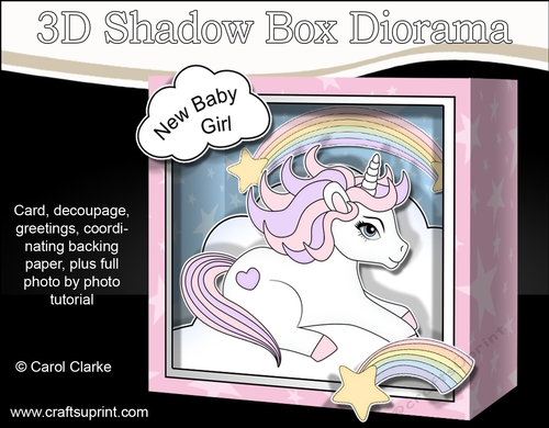 3D Diorama Shadow Box Card Mini Kit  -  Cute Little Baby Unicorn Sparkle