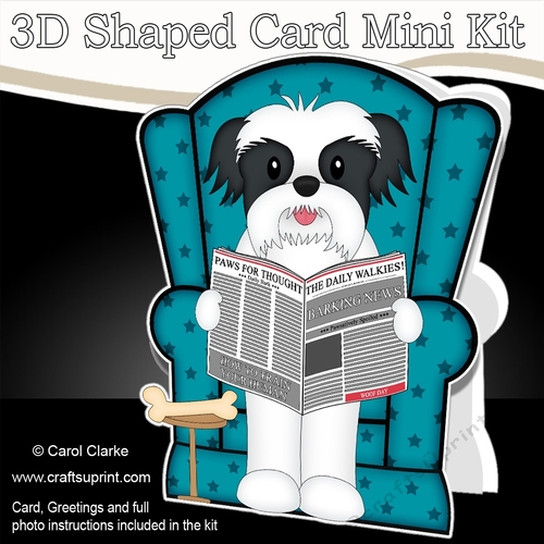 3D Shaped Card  Kit - Little Shih Tzu Dog Duke reads the Barking Newspaper
