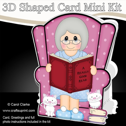 3D Shaped Card  Kit - Cute Little Old Lady reads a Good Book 