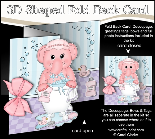 3D Shaped No-Hole Fold Back Card Kit - Bathtub Buddies - Cute Little Lola Elephant