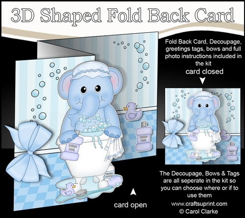 3D Shaped No-Hole Fold Back Card Kit - Bathtub Buddies - Cute Little Levi Elephant
