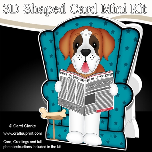 3D Shaped Card  Kit - Little St Bernard Dog Tex reads the Barking Newspaper