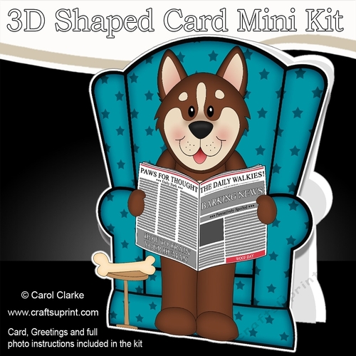 3D Shaped Card  Kit - Little Husky Dog Biscuit reads the Barking Newspaper