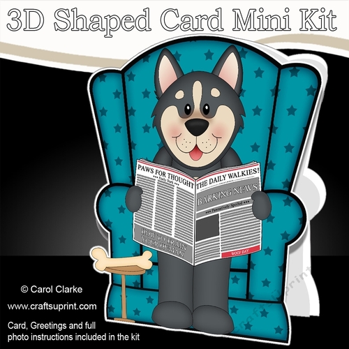 3D Shaped Card  Kit - Little Husky Dog Chase reads the Barking Newspaper