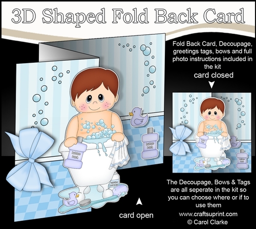 3D Shaped No-Hole Fold Back Card Kit - Bathtub Buddies - Cute Little Boy Theodore