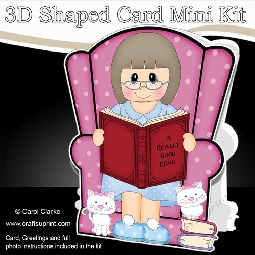 3D Shaped Card  Kit - Cute Little Older Woman reads a Good Book 