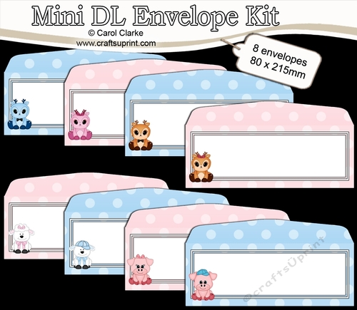 8 Mini Dl (80 x 215mm) Cute Animal Envelope Kit