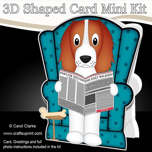 3D Shaped Card  Kit - Little Springer Spaniel Dog Baxter reads the Barking Newspaper