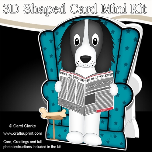 3D Shaped Card  Kit - Little Springer Spaniel Dog Baxter reads the Barking Newspaper
