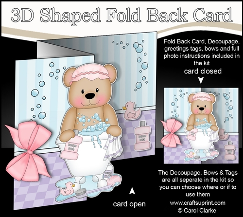 3D Shaped No-Hole Fold Back Card Kit - Bathtub Buddies - Cute Little Livvy Bear
