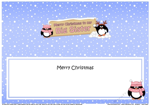 Large DL Merry Christmas LITTLE SISTER with Penguins insert