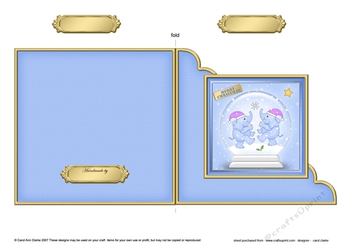 Cute Christmas Elephants Snowglobe Cut and Fold Corner Card 