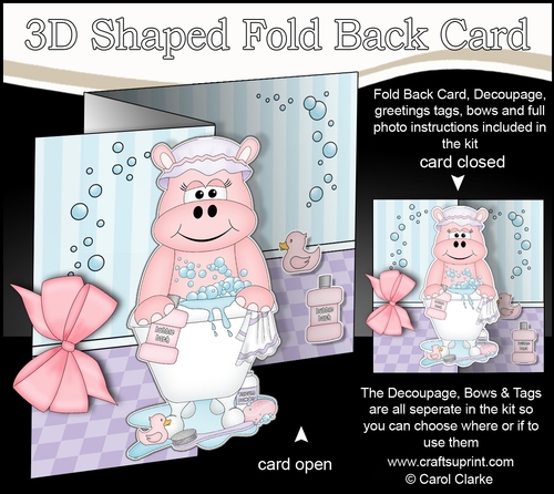 3D Shaped No-Hole Fold Back Card Kit - Bathtub Buddies - Cute Little Hilda Hippo 