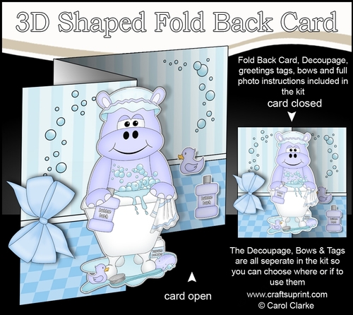 3D Shaped No-Hole Fold Back Card Kit - Bathtub Buddies - Cute Little Harold Hippo