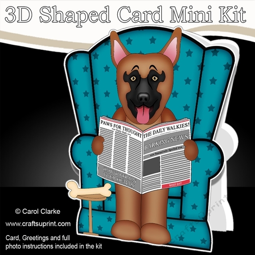 3D Shaped Card  Kit - Little German Shepherd Dog Nash reads the Barking Newspaper